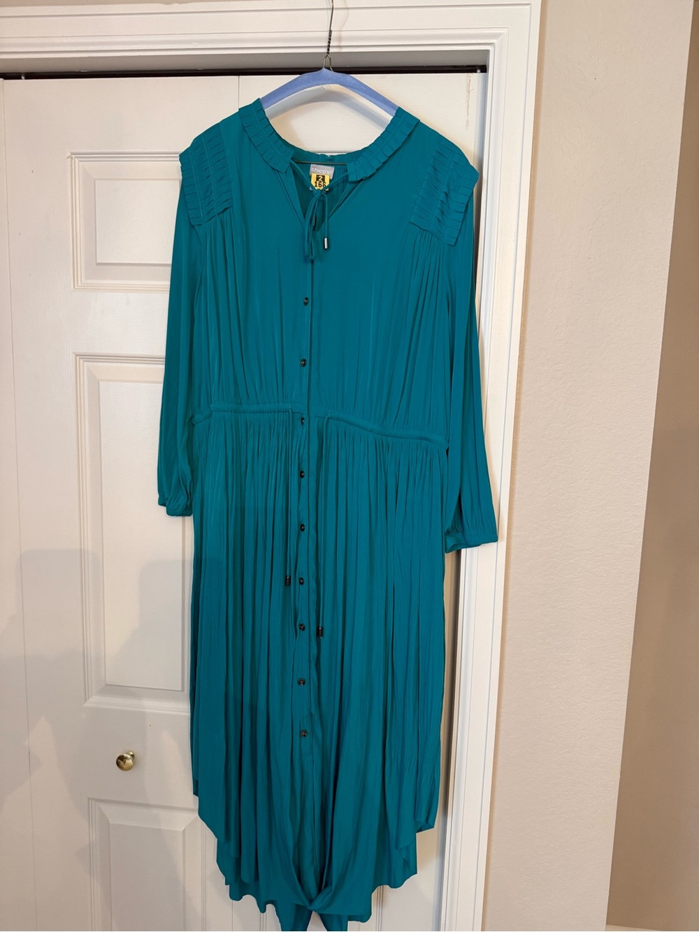 Chico's Teal Button-Front Pleated Long-Sleeve Dress